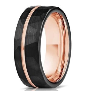 "ZEUS" HAMMERED TUNGSTEN CARBIDE RING- BLACK W/ ROSE GOLD STRIP- 6mm size 10.5